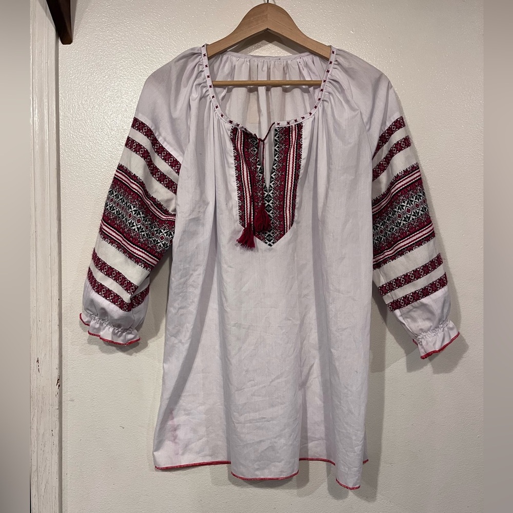 Traditional Russian Embroidered White Blouse with Red and Black Accents